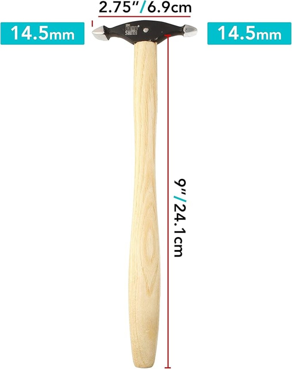 The Beadsmith Small Raising Hammer - 9 inches Wooden Handle, 65mm, 1.7oz Steel Head with Two Faces (2x13mm & 6x13mm) - Tool Used to Add Texture and Dimension to Metalwork